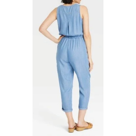 Knox Rose Women’s Chambray Denim‎ Button Jumpsuit Medium Waist Tie Cottagecore - Picture 4 of 6